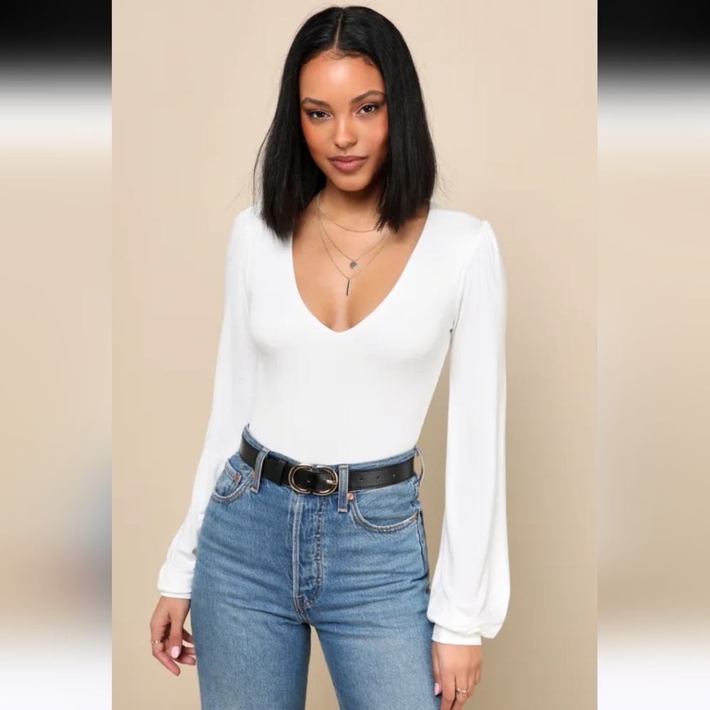 Lulus Long Sleeve Crop  Blouse Off-White Size Medium